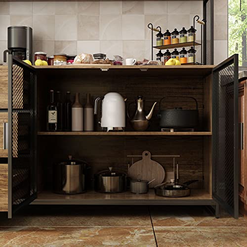 DiDuGo Hutch Storage Cabinet with Drawers & Iron Doors for Kitchen Pantry, Buffet Cabinet with Metal Frame, for Hallway Deep Walnut (59”W x 15.7”D x 68.5”H)