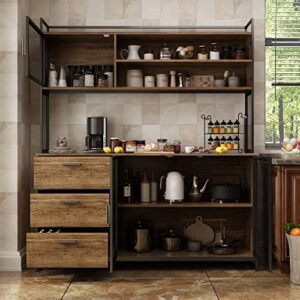 DiDuGo Hutch Storage Cabinet with Drawers & Iron Doors for Kitchen Pantry, Buffet Cabinet with Metal Frame, for Hallway Deep Walnut (59”W x 15.7”D x 68.5”H)