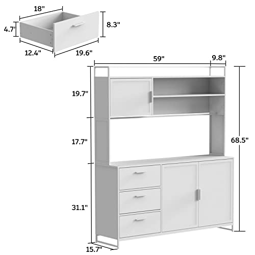 DiDuGo Hutch Storage Cabinet with Drawers & Iron Doors for Kitchen Pantry, Buffet Cabinet with Metal Frame, for Hallway Deep Walnut (59”W x 15.7”D x 68.5”H)