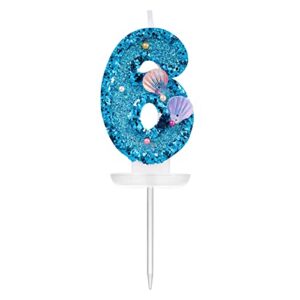 3 inch birthday number candle, blue shell sequins number candles glitter number candle cake numeral candles cake topper for birthday anniversary mermaid themed party (6)