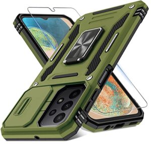 for samsung galaxy a23 5g/4g case with slide camera cover+screen protector,[full camera protection] [magnetic rotated kickstand] military grade shockproof heavy duty protective cover-olive green