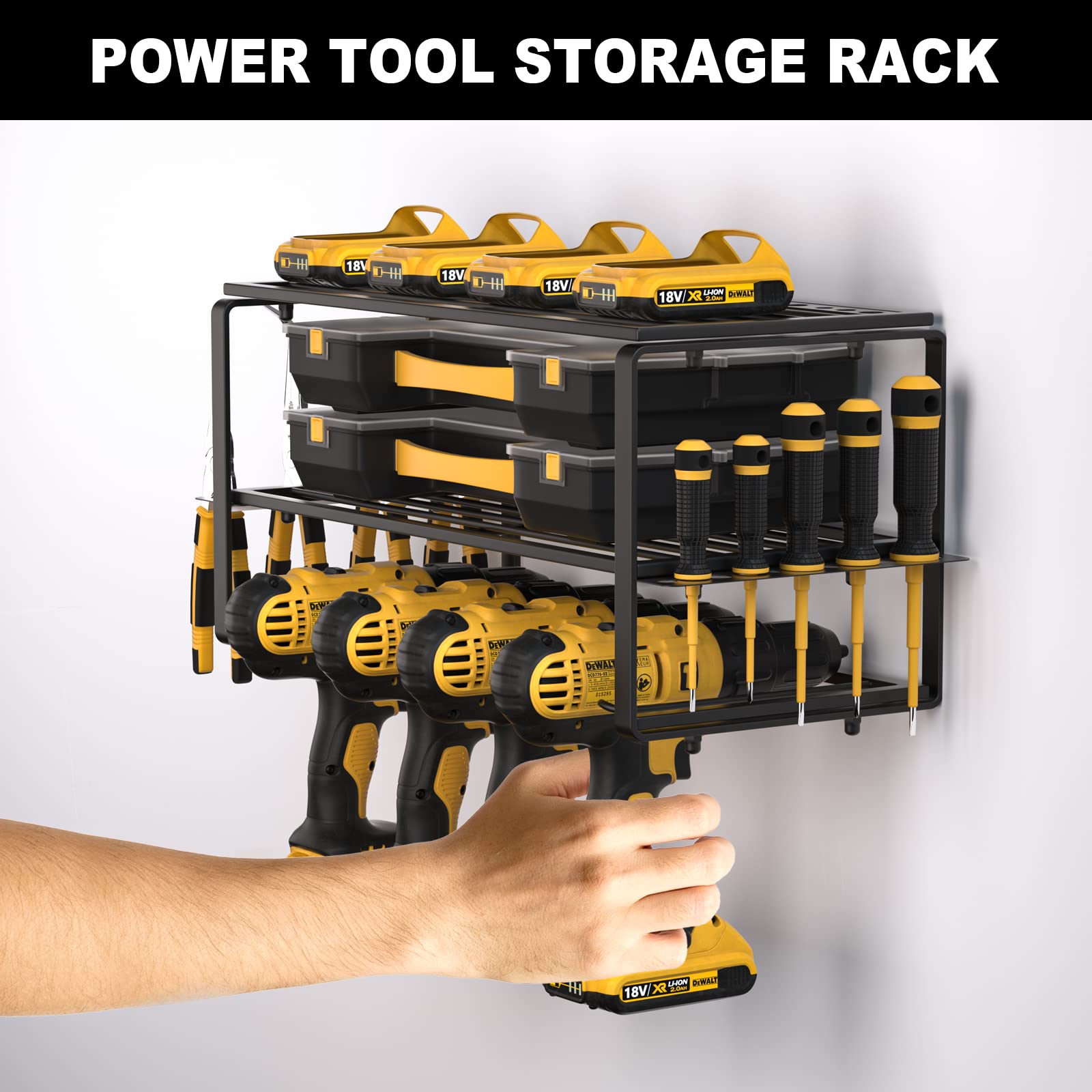 FUHUIM Power Tool Organizer, Drill Holder Wall Mount, Cordless Drill Storage Rack, Heavy Duty Metal Drill Charging Station, Floating Tool Shelf for Power Tools, Cordless Drill Storage