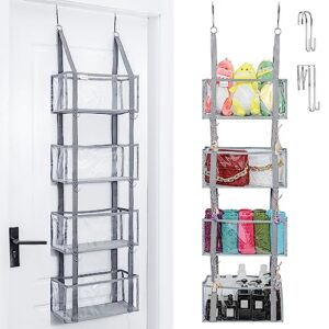 over the door organizer, back of door hanging shelf storage, hanging shelves closet organizer with 4 large clear pockets, dual-use hanging or wall mount diaper toy storage bag for nursery, dorm