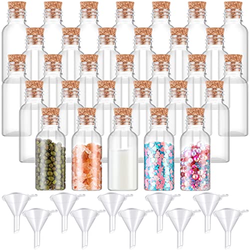 50 Packs 1 oz Plastic Sand Art Bottles with Cork Stoppers Mini Vial Potion Bottles Perfume Cork Bottle with 10 Mini Funnels for Filling Bottles for DIY Craft, Essential Oil, Message, Party Favor