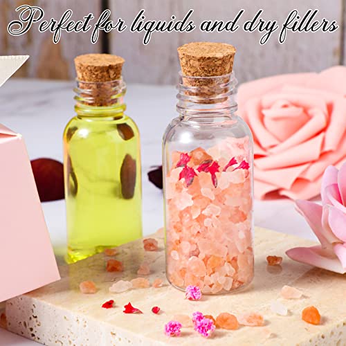 50 Packs 1 oz Plastic Sand Art Bottles with Cork Stoppers Mini Vial Potion Bottles Perfume Cork Bottle with 10 Mini Funnels for Filling Bottles for DIY Craft, Essential Oil, Message, Party Favor