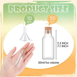 50 Packs 1 oz Plastic Sand Art Bottles with Cork Stoppers Mini Vial Potion Bottles Perfume Cork Bottle with 10 Mini Funnels for Filling Bottles for DIY Craft, Essential Oil, Message, Party Favor