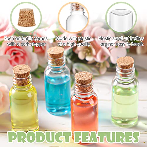 50 Packs 1 oz Plastic Sand Art Bottles with Cork Stoppers Mini Vial Potion Bottles Perfume Cork Bottle with 10 Mini Funnels for Filling Bottles for DIY Craft, Essential Oil, Message, Party Favor