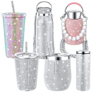 6 pieces bling cup glitter rhinestone water bottle insulated studded bling tumbler refillable diamond stainless steel thermal bottle with chain lids straws for wine coffee, 12 oz, 17 oz, 20 oz, 25 oz