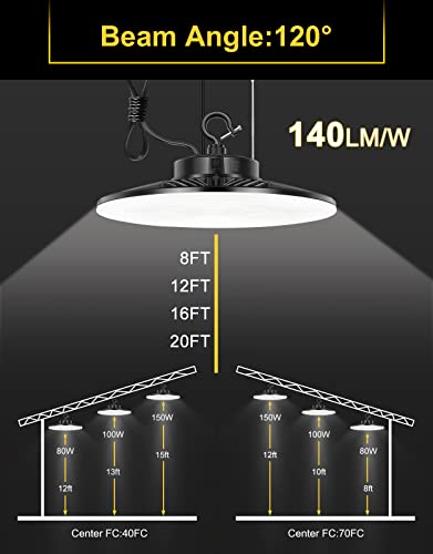 ORRGENA High Bay LED Light UFO High Bay LED Shop Lights, 80W/100W/150W Adjustable, 3000K/4000K/5000K Adjustable, Dimmable AC100-277V Low Bay Lighting for Gym Warehouse Factory Fixture