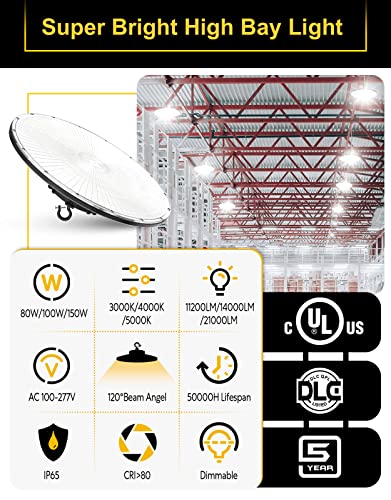 ORRGENA High Bay LED Light UFO High Bay LED Shop Lights, 80W/100W/150W Adjustable, 3000K/4000K/5000K Adjustable, Dimmable AC100-277V Low Bay Lighting for Gym Warehouse Factory Fixture