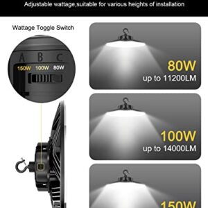 ORRGENA High Bay LED Light UFO High Bay LED Shop Lights, 80W/100W/150W Adjustable, 3000K/4000K/5000K Adjustable, Dimmable AC100-277V Low Bay Lighting for Gym Warehouse Factory Fixture