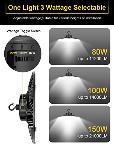 ORRGENA High Bay LED Light UFO High Bay LED Shop Lights, 80W/100W/150W Adjustable, 3000K/4000K/5000K Adjustable, Dimmable AC100-277V Low Bay Lighting for Gym Warehouse Factory Fixture