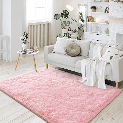 Kimicole Ultra Soft Fluffy Area Rug for Bedroom Living Room Playroom Dorm Room Home Decor, Upgraded Modern Furry Plush Shaggy Rug for Teen Girls Kids 4x6 Feet Pink