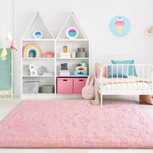 Kimicole Ultra Soft Fluffy Area Rug for Bedroom Living Room Playroom Dorm Room Home Decor, Upgraded Modern Furry Plush Shaggy Rug for Teen Girls Kids 4x6 Feet Pink