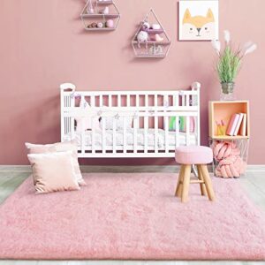 Kimicole Ultra Soft Fluffy Area Rug for Bedroom Living Room Playroom Dorm Room Home Decor, Upgraded Modern Furry Plush Shaggy Rug for Teen Girls Kids 4x6 Feet Pink