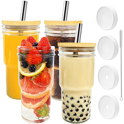 BGHEOUYV Glass Iced Coffee Cups with 8 Bamboo Lids and 4 Straws, 22oz Boba Cup,Glass Tumbler, Juice Bottles for Juicing, Bubble Tea, smoothie,coffee, 4 Pack