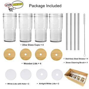 BGHEOUYV Glass Iced Coffee Cups with 8 Bamboo Lids and 4 Straws, 22oz Boba Cup,Glass Tumbler, Juice Bottles for Juicing, Bubble Tea, smoothie,coffee, 4 Pack