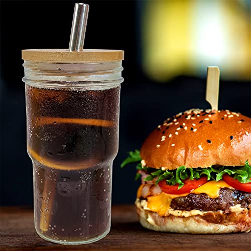 BGHEOUYV Glass Iced Coffee Cups with 8 Bamboo Lids and 4 Straws, 22oz Boba Cup,Glass Tumbler, Juice Bottles for Juicing, Bubble Tea, smoothie,coffee, 4 Pack