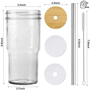 BGHEOUYV Glass Iced Coffee Cups with 8 Bamboo Lids and 4 Straws, 22oz Boba Cup,Glass Tumbler, Juice Bottles for Juicing, Bubble Tea, smoothie,coffee, 4 Pack