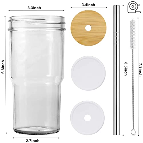 BGHEOUYV Glass Iced Coffee Cups with 8 Bamboo Lids and 4 Straws, 22oz Boba Cup,Glass Tumbler, Juice Bottles for Juicing, Bubble Tea, smoothie,coffee, 4 Pack