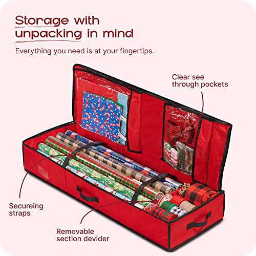 Nakior Christmas Wrapping Paper Storage Container – Xmas Gift Wrap Organizer With Pockets– Stores up to 24 Rolls – Under Bed Storage Bin For All Christmas Accessories – Made from 600 Oxford Fabric