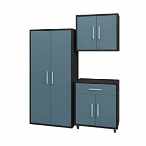 Manhattan Comfort Eiffel 3-Piece Storage Garage Set in Matte Black and Aqua Blue