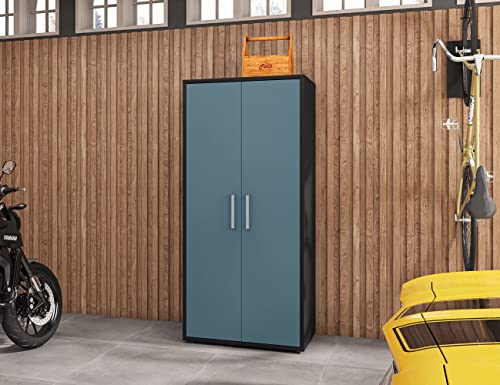 Manhattan Comfort Eiffel 3-Piece Storage Garage Set in Matte Black and Aqua Blue