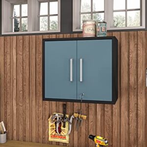 Manhattan Comfort Eiffel 3-Piece Storage Garage Set in Matte Black and Aqua Blue