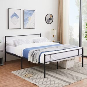 VECELO Queen Size Metal Platform Bed Frame with Headboard and Footboard, 12'' Under-Bed Storage & Strong Slats Support, No Box Spring Needed