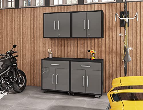 Manhattan Comfort Eiffel Garage Cabinets and Storage System, Set of 4, Matte Black and Grey