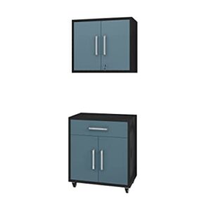 Manhattan Comfort Eiffel 2-Piece Storage Garage Set in Matte Black and Aqua Blue