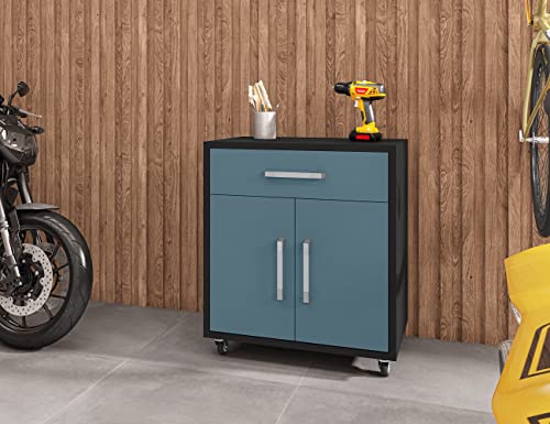 Manhattan Comfort Eiffel 2-Piece Storage Garage Set in Matte Black and Aqua Blue