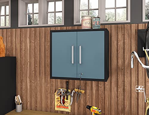 Manhattan Comfort Eiffel 2-Piece Storage Garage Set in Matte Black and Aqua Blue