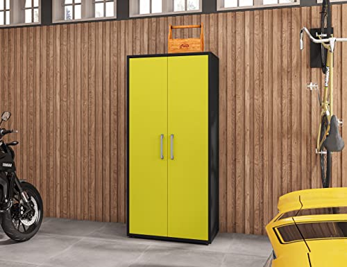 Manhattan Comfort Eiffel 3-Piece Storage Garage Set in Matte Black and Yellow