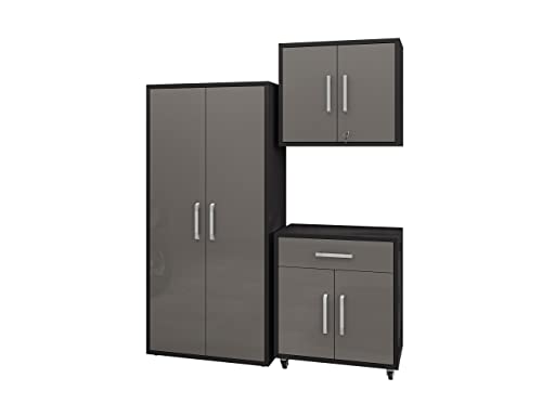 Manhattan Comfort Eiffel Garage Cabinets and Storage System, Set of 3, Matte Black and Grey