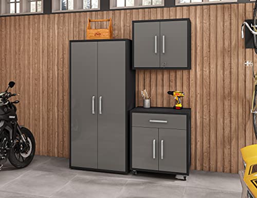 Manhattan Comfort Eiffel Garage Cabinets and Storage System, Set of 3, Matte Black and Grey