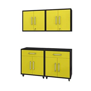 Manhattan Comfort Eiffel 4-Piece Garage Storage Set in Matte Black and Yellow