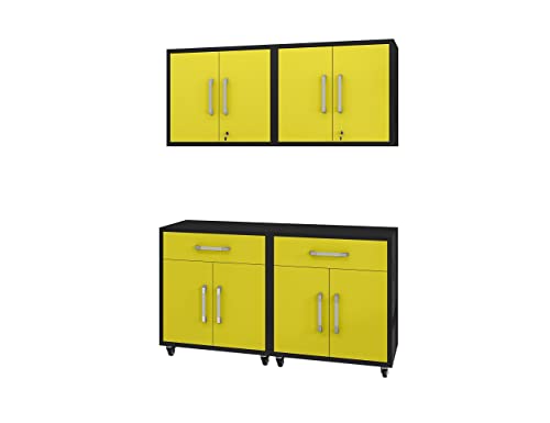 Manhattan Comfort Eiffel 4-Piece Garage Storage Set in Matte Black and Yellow