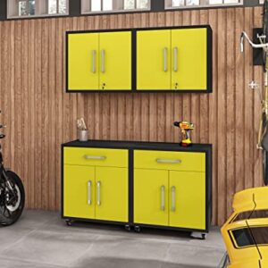 Manhattan Comfort Eiffel 4-Piece Garage Storage Set in Matte Black and Yellow