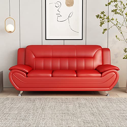 US Pride Furniture Michael Collection Modern Style Faux Leather Couch-Versatile 3 Seater Accent Piece for Living Room, Bedroom or Office-Comfortable Design and Elegant Look, 79" Sofa, Coral Red