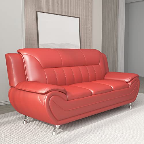 US Pride Furniture Michael Collection Modern Style Faux Leather Couch-Versatile 3 Seater Accent Piece for Living Room, Bedroom or Office-Comfortable Design and Elegant Look, 79" Sofa, Coral Red