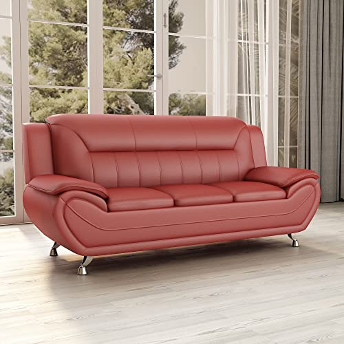 US Pride Furniture Michael Collection Modern Style Faux Leather Couch-Versatile 3 Seater Accent Piece for Living Room, Bedroom or Office-Comfortable Design and Elegant Look, 79" Sofa, Coral Red