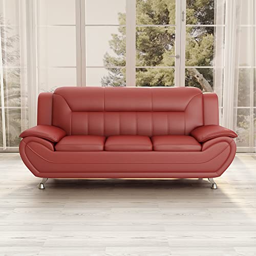 US Pride Furniture Michael Collection Modern Style Faux Leather Couch-Versatile 3 Seater Accent Piece for Living Room, Bedroom or Office-Comfortable Design and Elegant Look, 79" Sofa, Coral Red