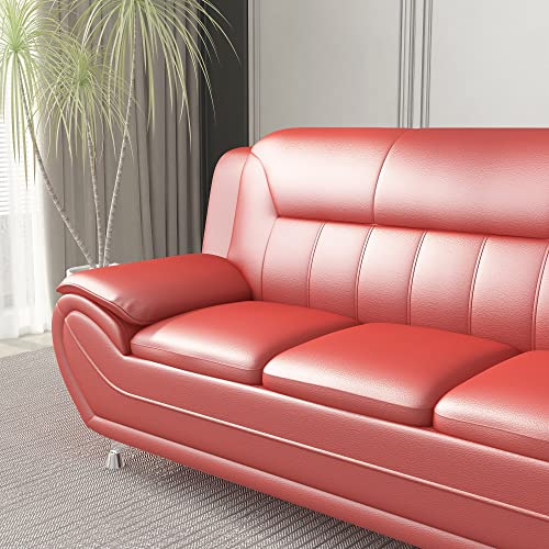 US Pride Furniture Michael Collection Modern Style Faux Leather Couch-Versatile 3 Seater Accent Piece for Living Room, Bedroom or Office-Comfortable Design and Elegant Look, 79" Sofa, Coral Red