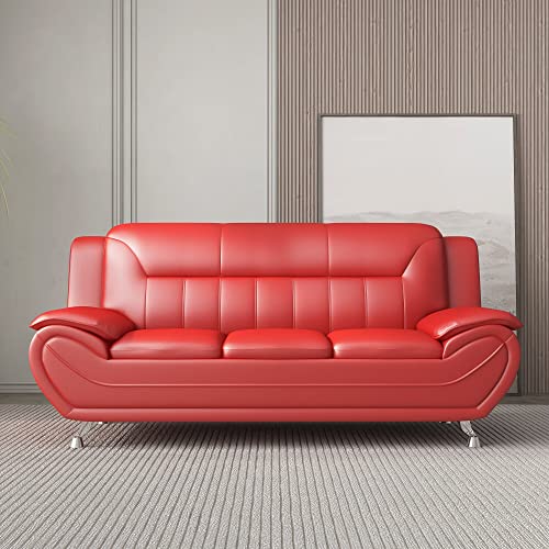 US Pride Furniture Michael Collection Modern Style Faux Leather Couch-Versatile 3 Seater Accent Piece for Living Room, Bedroom or Office-Comfortable Design and Elegant Look, 79" Sofa, Coral Red