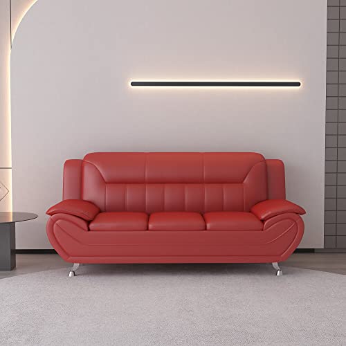 US Pride Furniture Michael Collection Modern Style Faux Leather Couch-Versatile 3 Seater Accent Piece for Living Room, Bedroom or Office-Comfortable Design and Elegant Look, 79" Sofa, Coral Red