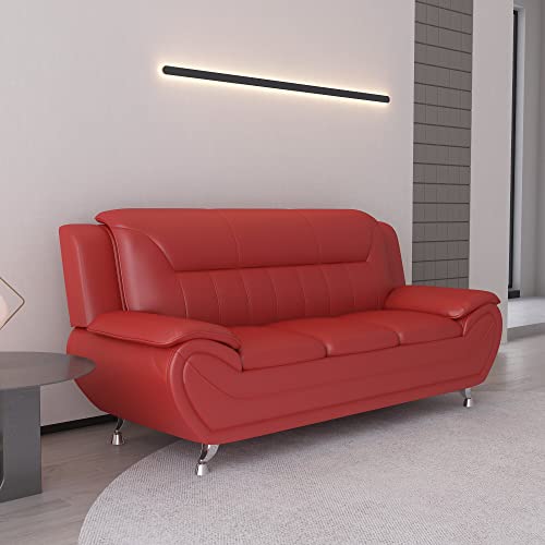 US Pride Furniture Michael Collection Modern Style Faux Leather Couch-Versatile 3 Seater Accent Piece for Living Room, Bedroom or Office-Comfortable Design and Elegant Look, 79" Sofa, Coral Red