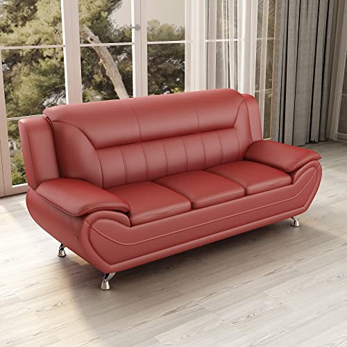 US Pride Furniture Michael Collection Modern Style Faux Leather Couch-Versatile 3 Seater Accent Piece for Living Room, Bedroom or Office-Comfortable Design and Elegant Look, 79" Sofa, Coral Red