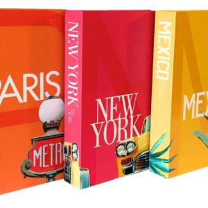 InspireMe Decorative Books for Home Decor, Faux Book Storage Box, Travel Table Books - Paris, New York, Mexico - Set of 3