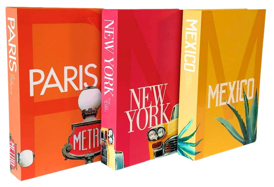 InspireMe Decorative Books for Home Decor, Faux Book Storage Box, Travel Table Books - Paris, New York, Mexico - Set of 3